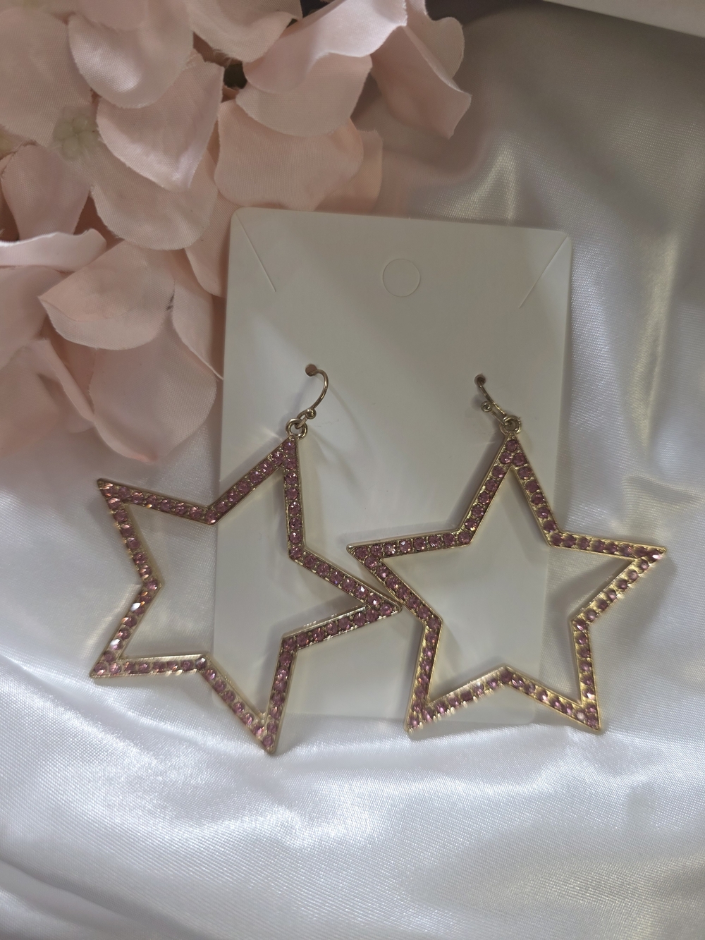 Gold Star Hoop Earrings with Pink Crystal Accents